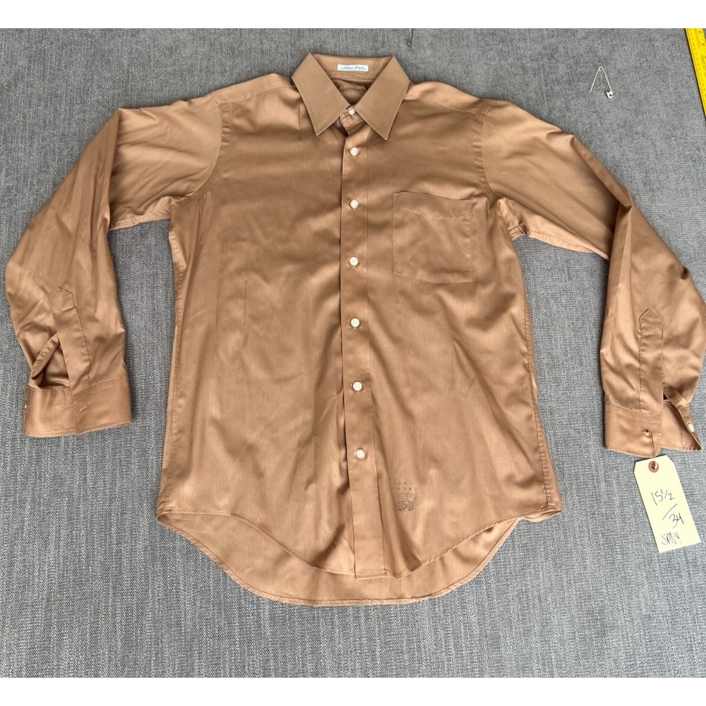 Silken Touch Dress Shirt Men 15.5 Tan Formal Office Career Long Sleeve Button-Up